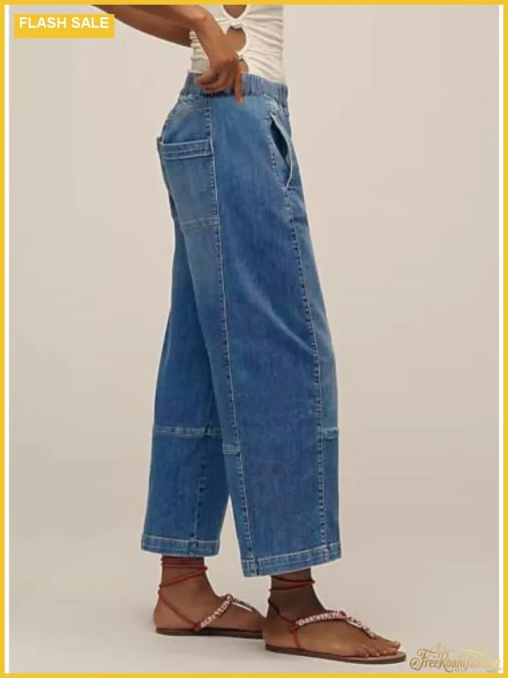 Baggy Wide Leg Drawstring Elastic Waist Women Jeans High Rise Stretchy Cotton